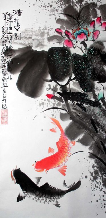水墨荷花鱼- 第一字画网Powered by Hishop
